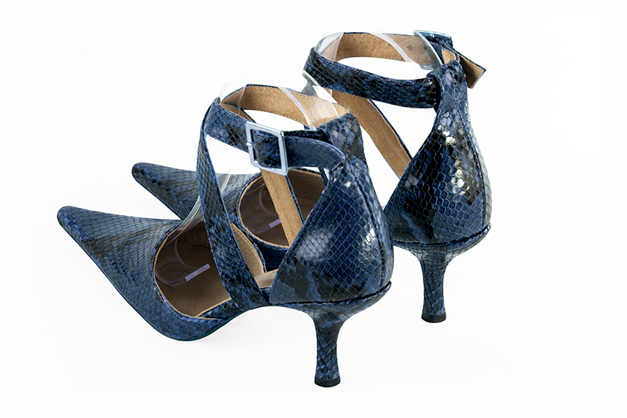 Navy blue women's open side shoes, with crossed straps. Pointed toe. High slim heel - Florence KOOIJMAN